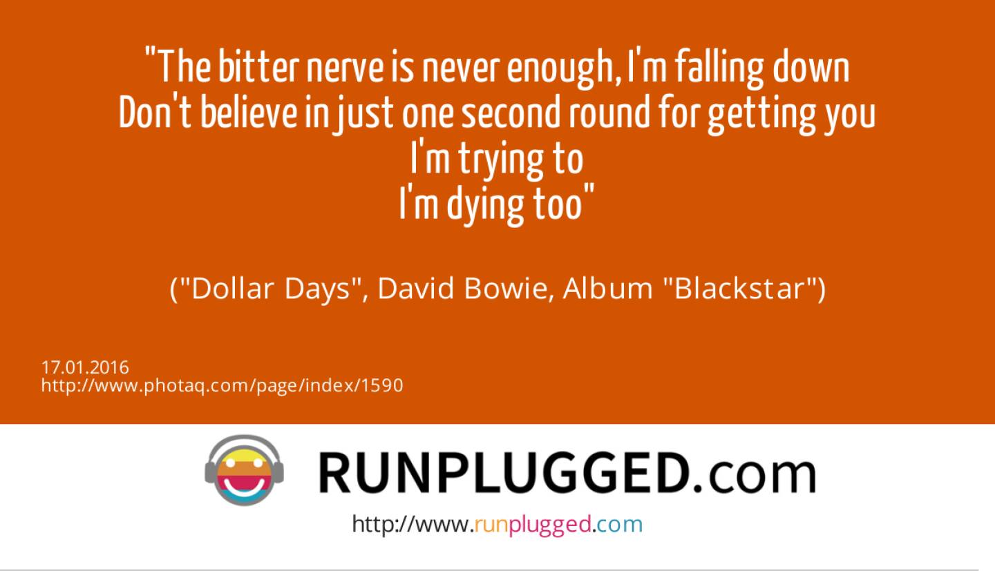 14.1. The bitter nerve is never enough, I'm falling down<br>Don't believe in just one second round for getting you<br>I'm trying to<br>I'm dying too<br><br> (Dollar Days, David Bowie, Album Blackstar)