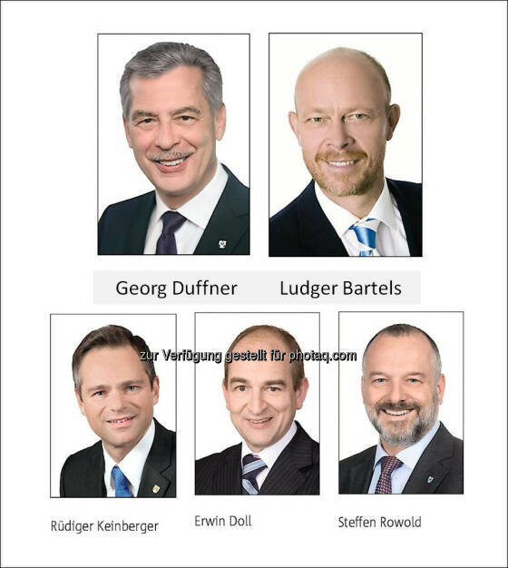 Georg Duffner, Ludger Bartels, Rüdiger Keinberger, Erwin Doll, Steffen Rowold : Stabwechsel in der Röchling-Gruppe : Georg Duffner tritt in den Ruhestand : Ludger Bartels wird ab 1. Juni 2016 neuer Vorstandsvorsitzender bei Röchling : Wechsel in den Röchling- Beirat : Drei weitere neue Mitglieder im Vorstand ab Juni 2016 : Neuordnung der Unternehmensbereiche : Fotocredit: Röchling SE & Co. KG, © Aussendung (18.01.2016) 