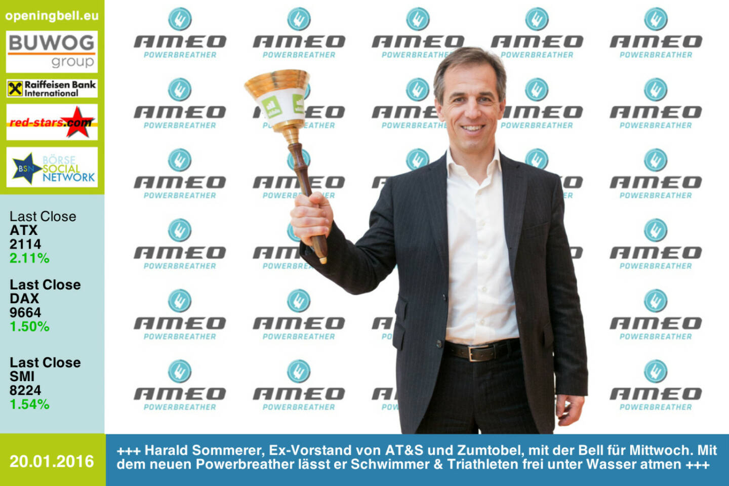 #openingbell am 20.1.: Harald Sommerer, Ex-Vorstand von AT&S und Zumtobel, mit der Opening Bell für Mittwoch. Mit dem neuen Powerbreather lässt er Schwimmer & Triathleten frei unter Wasser atmen http://www.powerbreather.com http://www.openingbell.eu