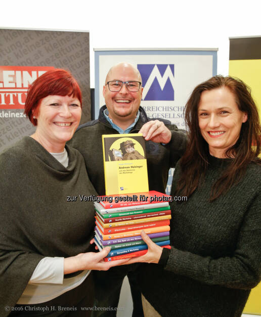 Gabriele Stanek (ÖMG-Vizepräsidentin), Jürgen Polterauer (Autor), Ilse Helmreich (Verlagsleiterin) : Das 12. Buch der ÖMG-Buchserie wurde präsentiert! : Andreas Holzinger und das Geheimnis des Marketings : Fotocredit: ÖMG/ Breneis (20.01.2016) 