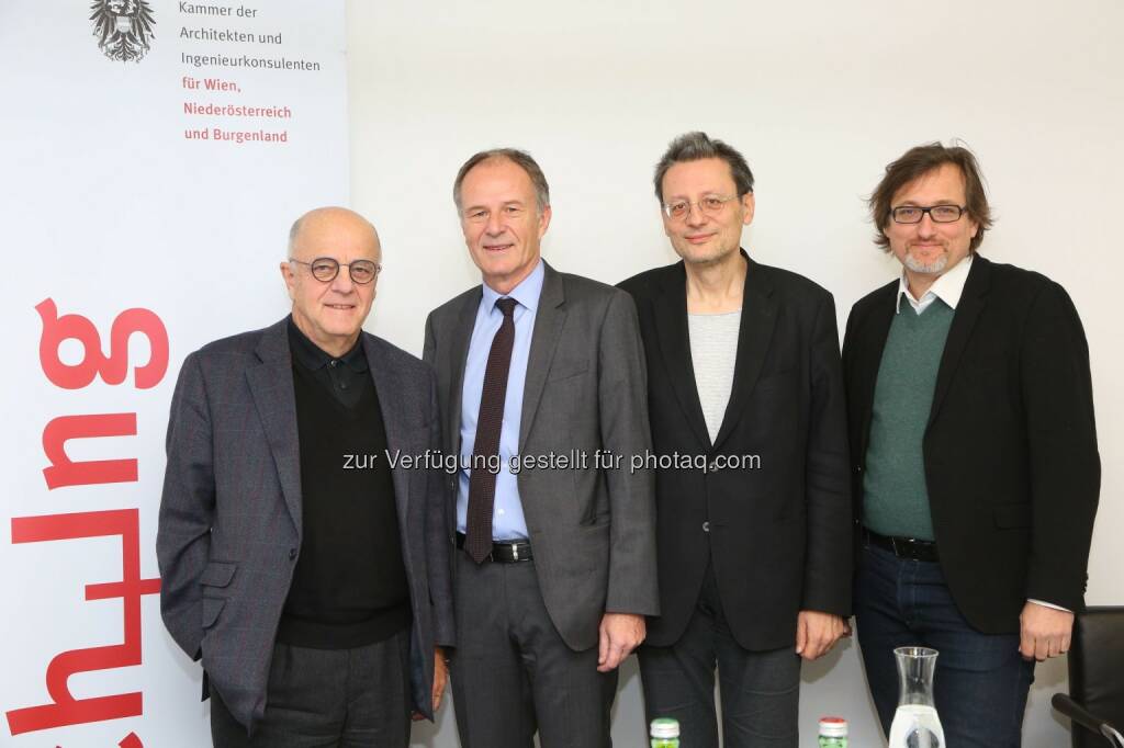 Hannes Pflaum (Pflaum Karlberger Wiener Opetnik Rechtsanwälte), Andreas Gobiet (Präsident des VZI – Verband der Ziviltechniker- und Ingenieurbetriebe), Peter Bauer (Präsident der Kammer der Architekten und Ingenieurkonsulenten für Wien, Niederösterreich und Burgenland), Bernhard Sommer (Vizepräsident der Kammer der Architekten und Ingenieurkonsulenten für Wien, Niederösterreich und Burgenland) : Die Konstruktion von Bauskandalen auf Kosten der Steuerzahler und Planer : Ein Verlust an Planungskultur und Auftraggeberkompetenz ist zu beobachten. Das führt zu Mängeln, Prozessfluten und gesteigerten Kosten : Fotocredit:  Kammer Architekten & Ingenieurkons. W,NÖ,BGLD/APA-Fotoservice/Schedl, © Aussender (21.01.2016) 