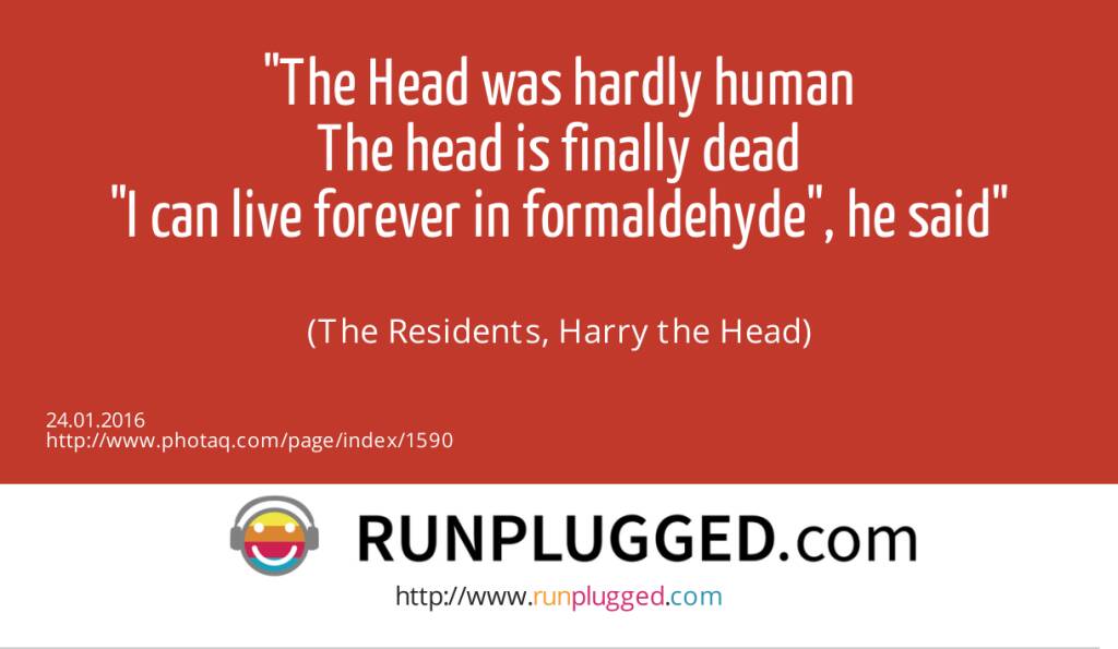 The Head was hardly human<br>The head is finally dead<br>I can live forever in formaldehyde, he said<br><br> (The Residents, Harry the Head) (24.01.2016) 