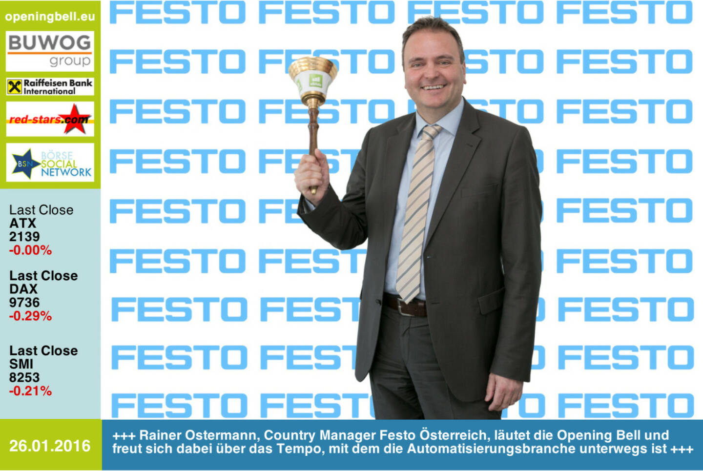 #openingbell am 26.1.: Rainer Ostermann, Country Manager von Festo Österreich, läutet die Opening Bell und freut sich dabei über das Tempo, mit dem die Automatisierungsbranche unterwegs ist http://www.festo.com/at http://www.openingbell.eu