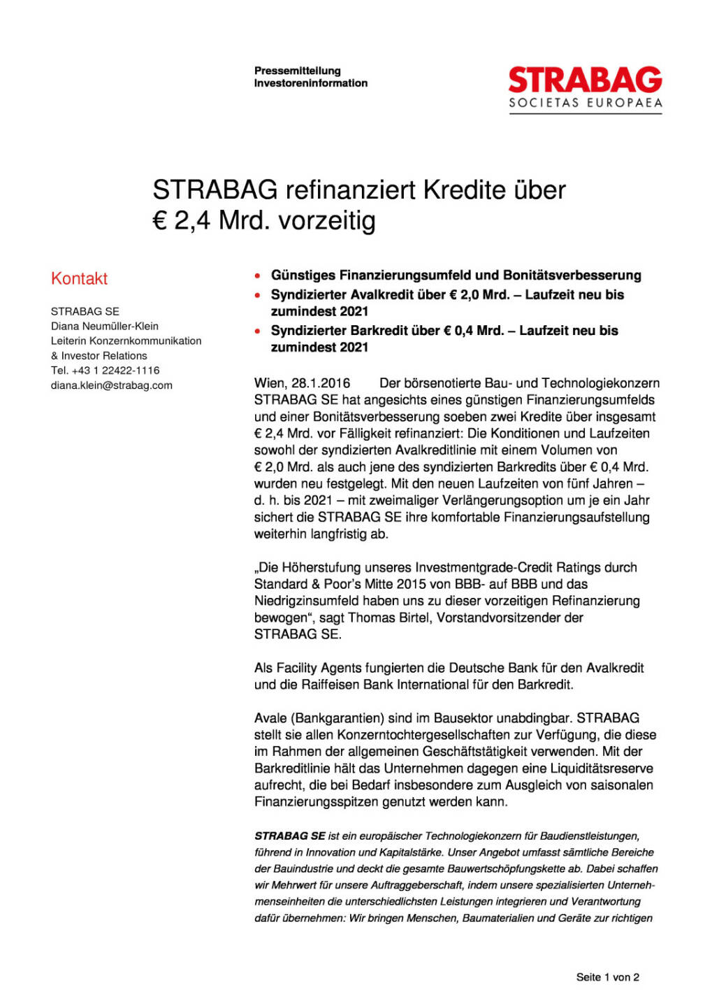 STRABAG refinanziert Kredite über € 2,4 Mrd. vorzeitig, Seite 1/2, komplettes Dokument unter http://boerse-social.com/static/uploads/file_572_strabag_refinanziert_kredite_uber_24_mrd_vorzeitig.pdf