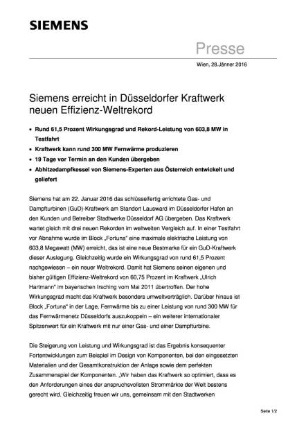 Siemens erreicht in Düsseldorfer Kraftwerk neuen  Effizienz-Weltrekord, Seite 1/2, komplettes Dokument unter http://boerse-social.com/static/uploads/file_576_siemens_erreicht_in_dusseldorfer_kraftwerk_neuen_effizienz-weltrekord.pdf (28.01.2016) 