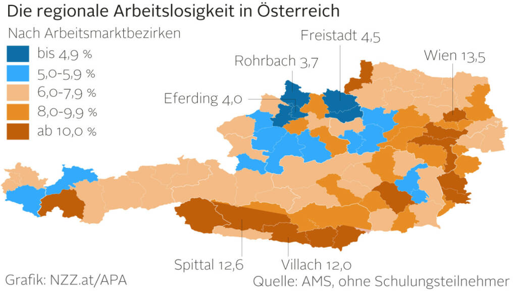 Die regionale Arbeitslosigkeit in Österreich (Grafik von http://www.nzz.at )  (28.01.2016) 