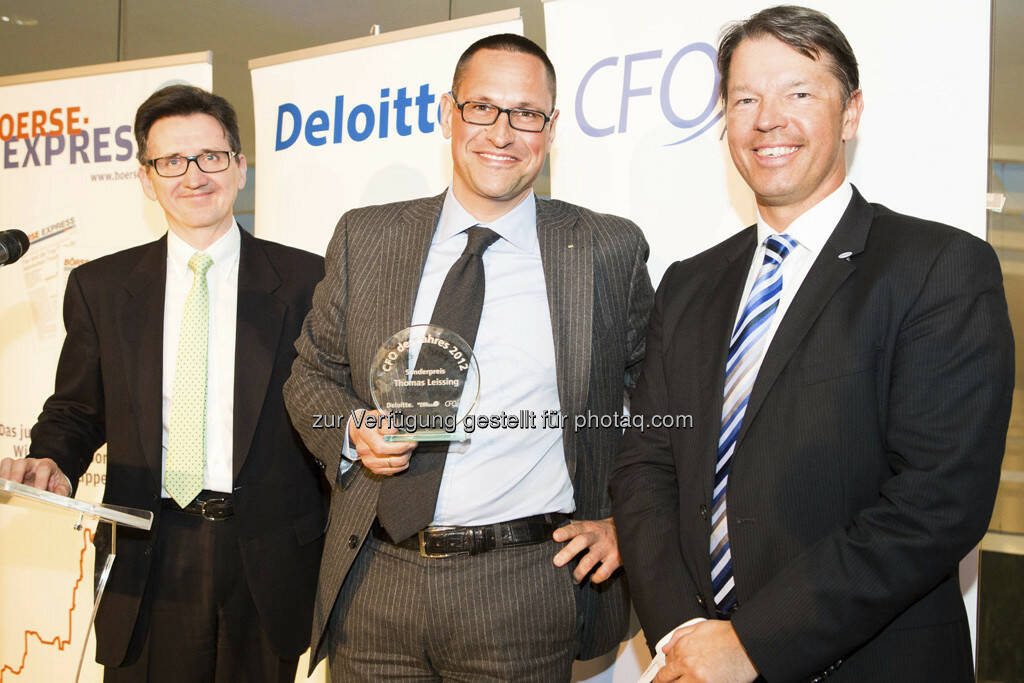 CFO-Sonderpreis: Bernhard Gröhs (Deloitte), Thomas Leissing (Egger Holzwerkstoffe), Gerhard Marterbauer (Deloitte), © Franz Reiterer für den Börse Express (mit freundlicher Genehmigung vom Börse Express) (05.04.2013) 
