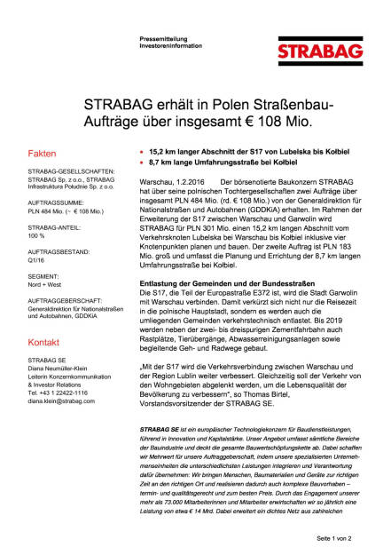 STRABAG erhält in Polen Straßenbau-Aufträge über insgesamt € 108 Mio., Seite 1/2, komplettes Dokument unter http://boerse-social.com/static/uploads/file_587_strabag_erhalt_in_polen_strassenbau-auftrage_uber_insgesamt_108_mio.pdf (01.02.2016) 