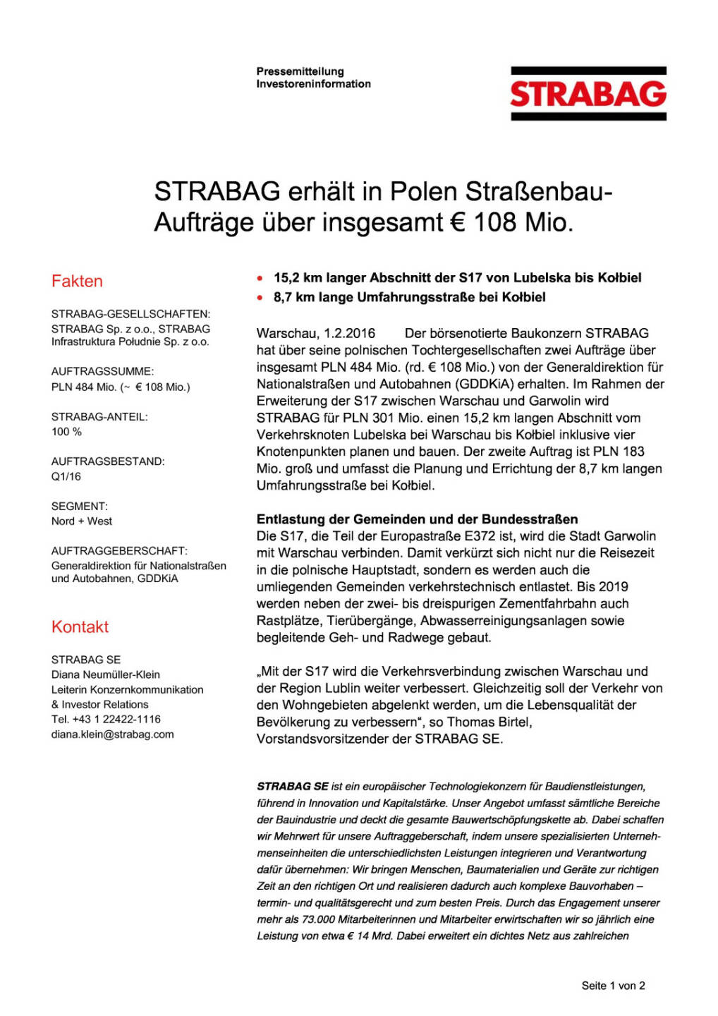 STRABAG erhält in Polen Straßenbau-Aufträge über insgesamt € 108 Mio., Seite 1/2, komplettes Dokument unter http://boerse-social.com/static/uploads/file_587_strabag_erhalt_in_polen_strassenbau-auftrage_uber_insgesamt_108_mio.pdf