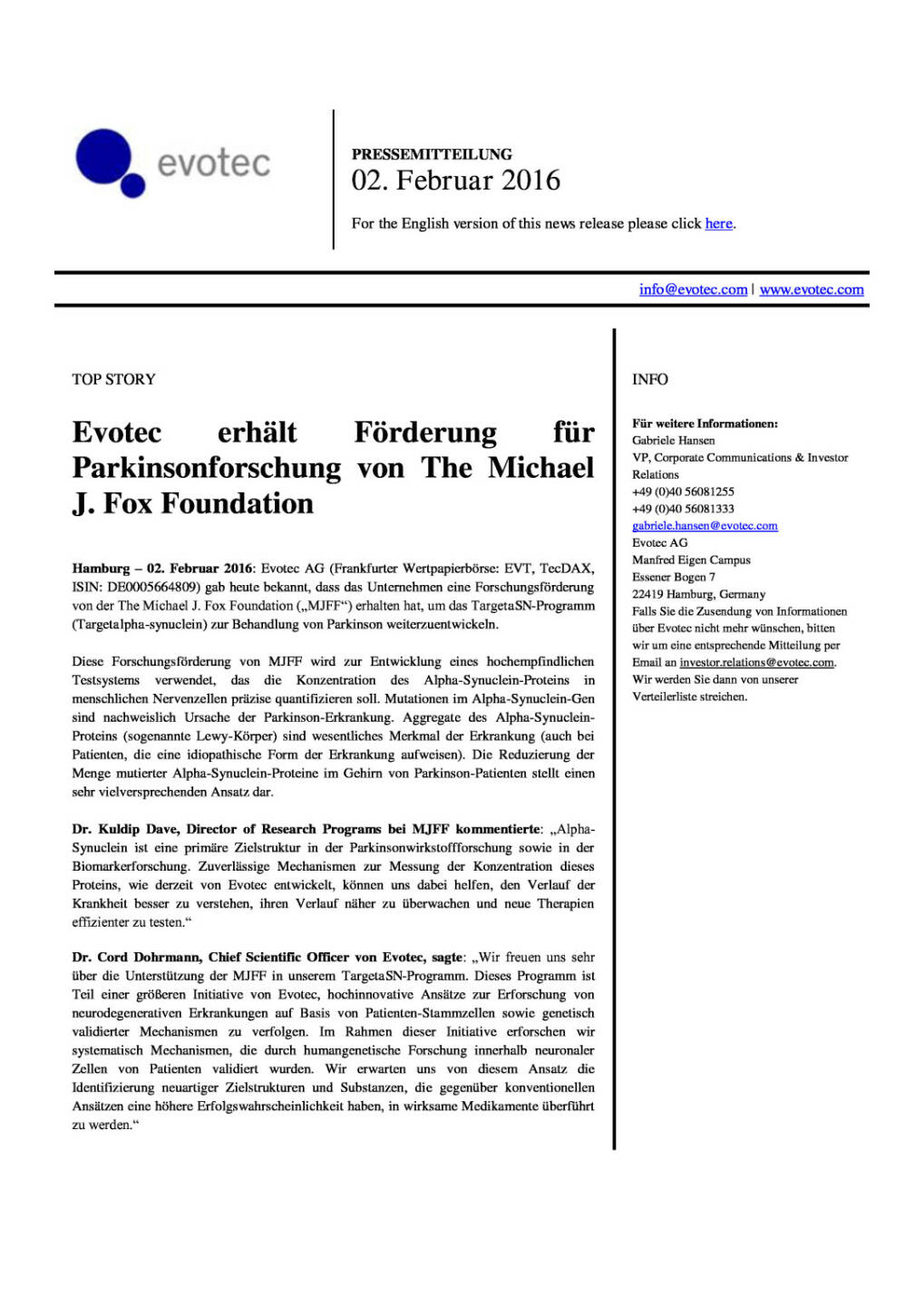 Evotec erhält Förderung für Parkinsonforschung von The Michael J. Fox Foundation, Seite 1/2, komplettes Dokument unter http://boerse-social.com/static/uploads/file_592_evotec_erhalt_forderung_fur_parkinsonforschung_von_the_michael_j_fox_foundation.pdf