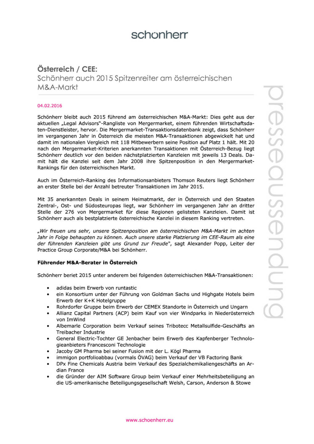 Schönherr auch 2015 Spitzenreiter am österreichischen M&A-Markt, Seite 1/2, komplettes Dokument unter http://boerse-social.com/static/uploads/file_603_schonherr_auch_2015_spitzenreiter_am_osterreichischen_ma-markt.pdf