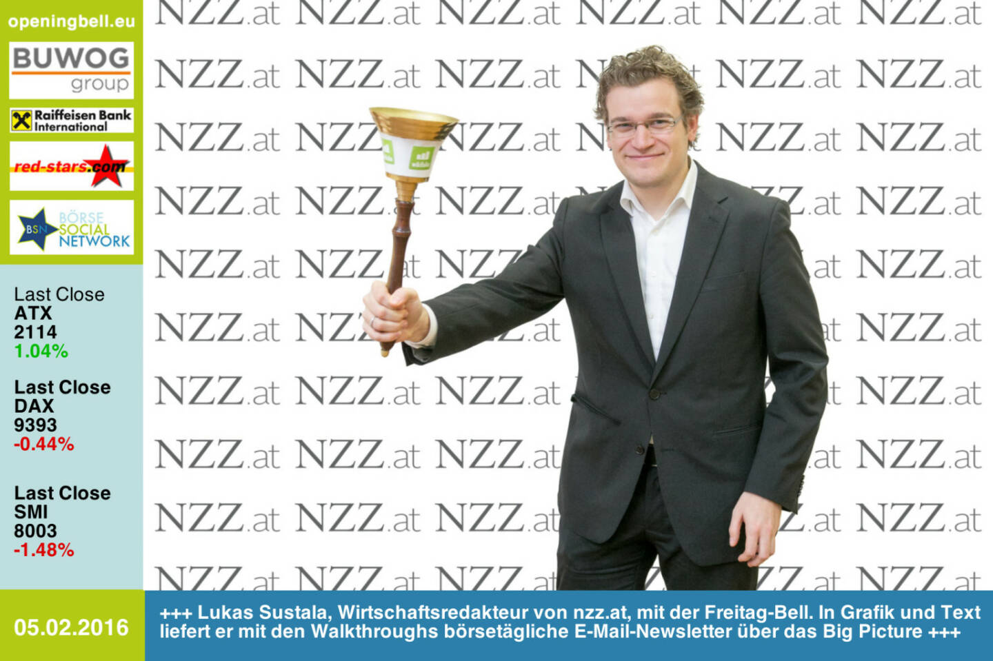 #openingbell am 5.2: Lukas Sustala, Wirtschaftsredakteur von http://www.NZZ.at, mit der Opening Bell für Freitag. Mit seinen Walkthroughs liefert er in Grafik un Text börsetägliche E-Mail-Newsletter über das Big Picture http://www.openingbell.eu