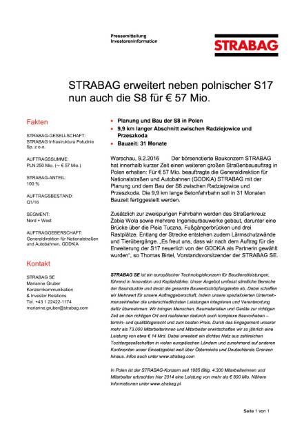 Strabag erhält weiteren Straßenbauauftrag in Polen, Seite 1/1, komplettes Dokument unter http://boerse-social.com/static/uploads/file_613_strabag_erhalt_weiteren_strassenbauauftrag_in_polen.pdf (09.02.2016) 