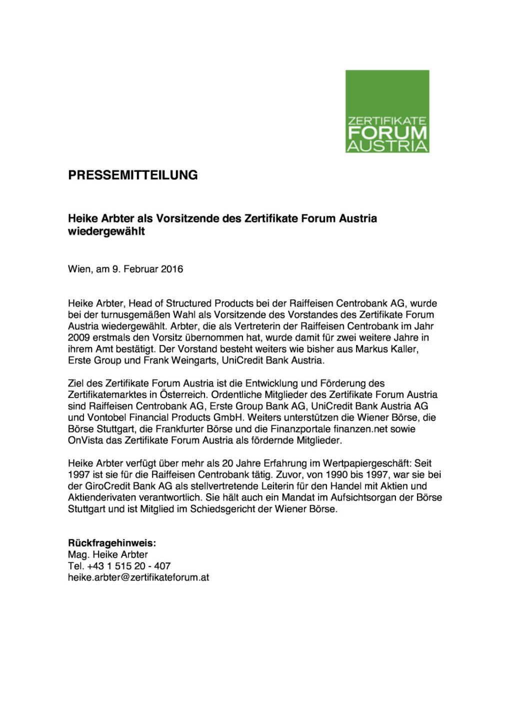 Heike Arbter als Vorsitzende des Zertifikate Forum Austria wiedergewählt, Seite 1/1, komplettes Dokument unter http://boerse-social.com/static/uploads/file_614_heike_arbter_als_vorsitzende_des_zertifikate_forum_austria_wiedergewählt.pdf