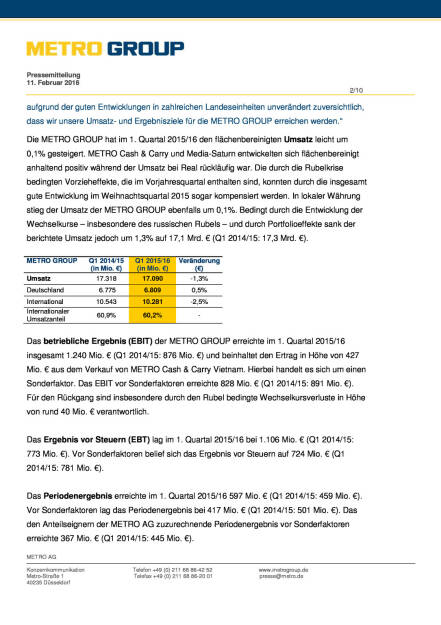 Metro Group mit solider Umsatzentwicklung und robustem Ergebnis trotz makroökonomischer Herausforderungen, Seite 2/10, komplettes Dokument unter http://boerse-social.com/static/uploads/file_626_metro_group_mit_solider_umsatzentwicklung_und_robustem_ergebnis_trotz_makrookonomischer_herausforderungen.pdf (11.02.2016) 