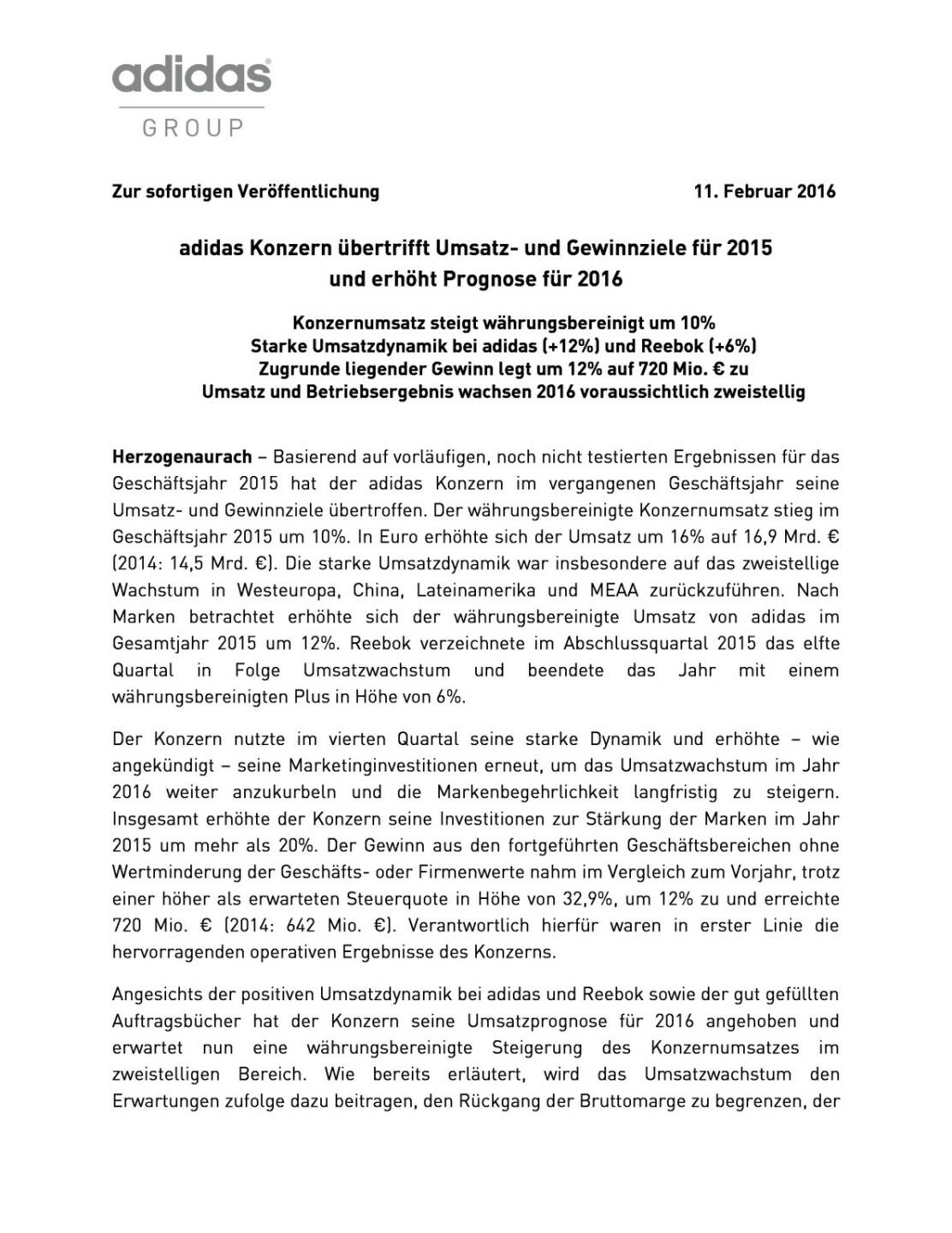 adidas Konzern übertrifft Umsatz- und Gewinnziele für 2015 und erhöht Prognose für 2016, Seite 1/3, komplettes Dokument unter http://boerse-social.com/static/uploads/file_625_adidas_konzern_ubertrifft_umsatz-_und_gewinnziele_fur_2015_und_erhoht_prognose_fur_2016.pdf