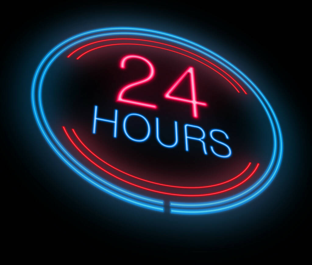 24 Hours, 24 Stunden, 1 Tag http://www.shutterstock.com/de/pic-137874173/stock-photo-illustration-depicting-an-illuminated-neon-hours-sign.html, © www.shutterstock.com (14.02.2016) 