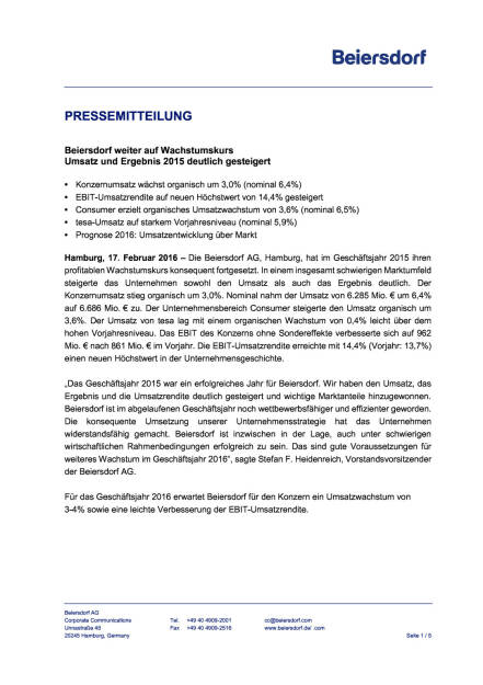 Beiersdorf Geschäftszahlen 2015, Seite 1/5, komplettes Dokument unter http://boerse-social.com/static/uploads/file_644_beiersdorf_geschaftszahlen_2015.pdf (17.02.2016) 