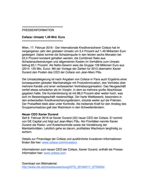 Coface Umsatzzahlen, Seite 1/2, komplettes Dokument unter http://boerse-social.com/static/uploads/file_646_coface_umsatzzahlen.pdf (17.02.2016) 