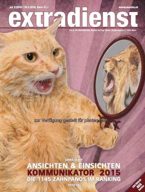 Cover extradienst 2/2016 : Er ist gekürt : Der Kommunikator 2015 :  45 Branchenexperten bewerteten für extradienst 1.145 Kommunikationsmanager : Fotocredit: Mucha Verlag, © Aussender (19.02.2016) 