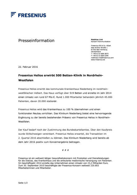 Fresenius erwirbt Klinik in NRW, Seite 1/2, komplettes Dokument unter http://boerse-social.com/static/uploads/file_667_fresenius_erwirbt_klinik_in_nrw.pdf (22.02.2016) 