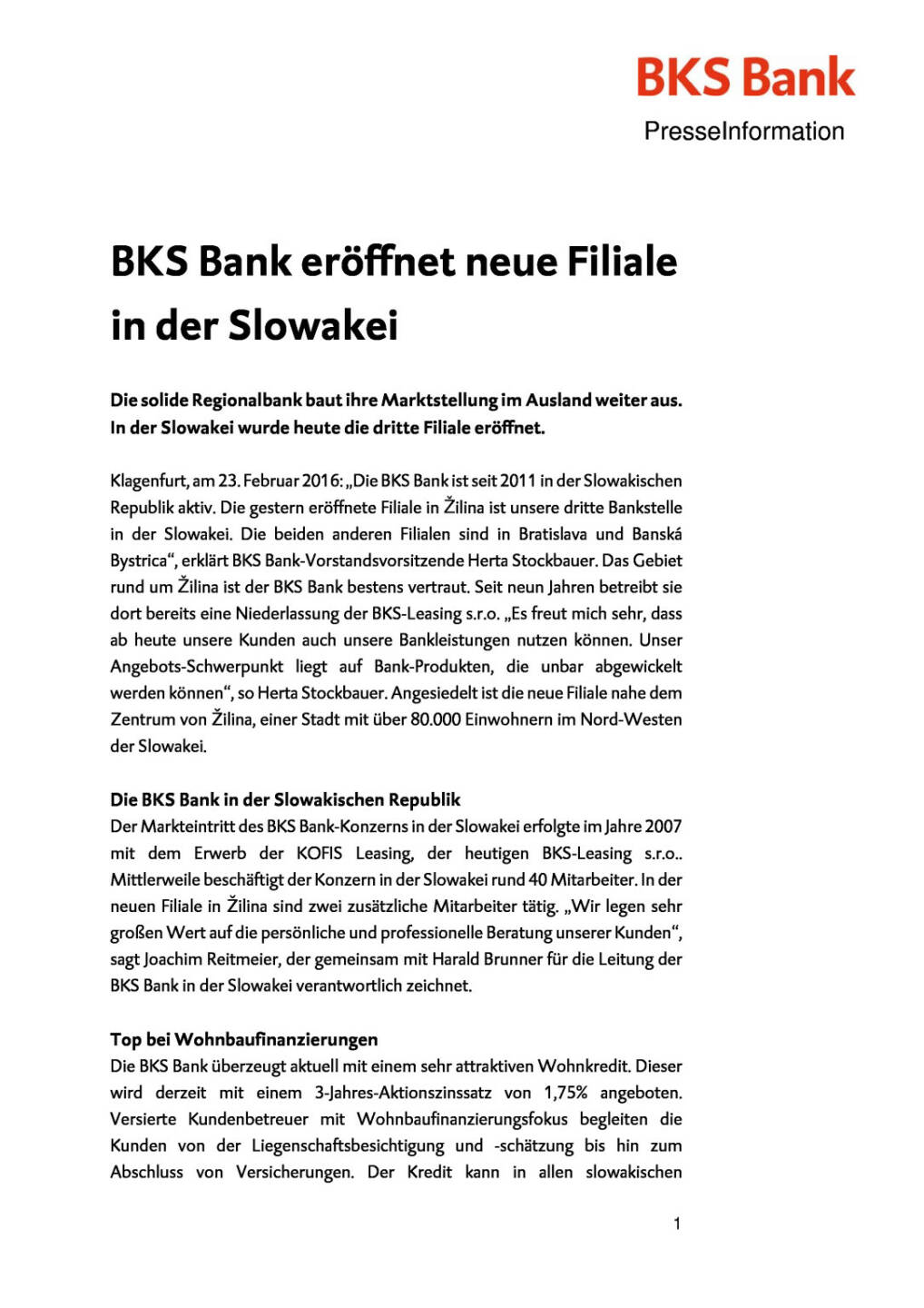 BKS Bank eröffnet neue Filiale in der Slowakei, Seite 1/2, komplettes Dokument unter http://boerse-social.com/static/uploads/file_671_bks_bank_eroffnet_neue_filiale_in_der_slowakei.pdf