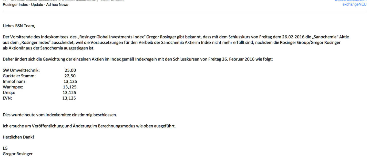 Indexevent Rosinger-Index 9: Herausnahme Sanochemia per Schlusskurs 26.2.2016, effektiv per Marktstart 29.2.2016