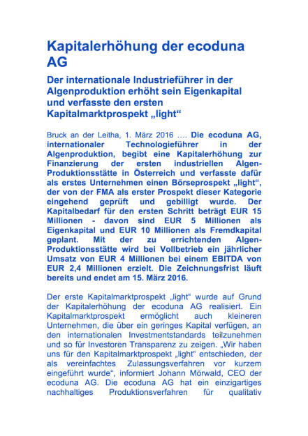 Kapitalerhöhung der ecoduna AG, Seite 1/4, komplettes Dokument unter http://boerse-social.com/static/uploads/file_699_kapitalerhohung_der_ecoduna_ag.pdf (01.03.2016) 