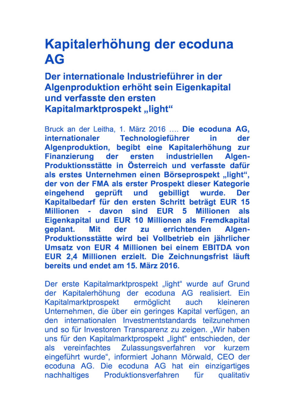 Kapitalerhöhung der ecoduna AG, Seite 1/4, komplettes Dokument unter http://boerse-social.com/static/uploads/file_699_kapitalerhohung_der_ecoduna_ag.pdf