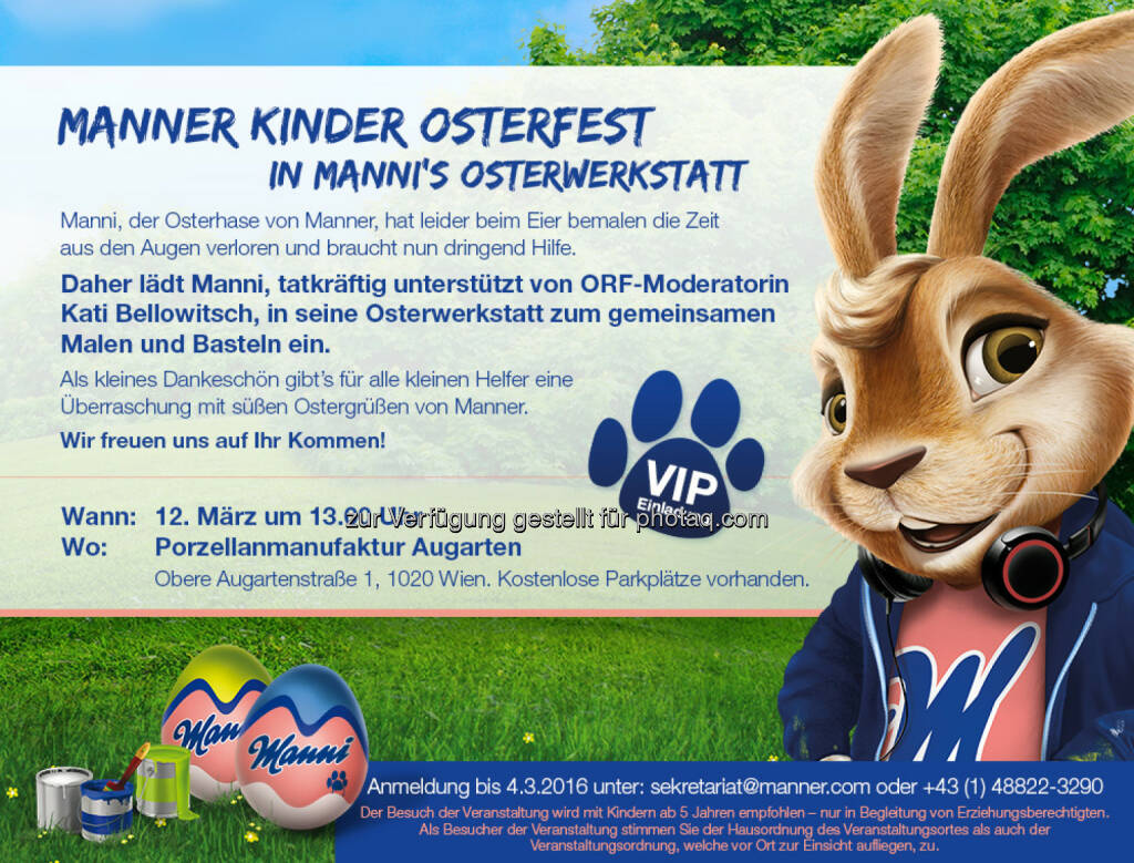 Einladung zum Manner Osterfest : Manner lädt zum Kinder & VIP Osterfest : Kinder und Promis malen und basteln in Mannis Osterwerkstatt, dem Osterhasen von Manner : Fotocredit: Manner, © Aussender (01.03.2016) 