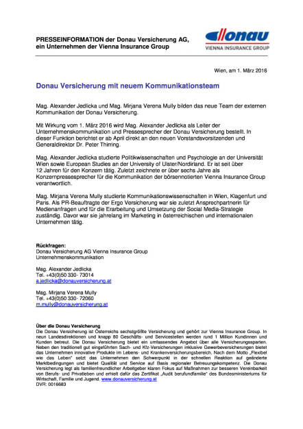 Donau Versicherung mit neuem Kommunikationsteam, Seite 1/1, komplettes Dokument unter http://boerse-social.com/static/uploads/file_702_donau_versicherung_mit_neuem_kommunikationsteam.pdf (01.03.2016) 