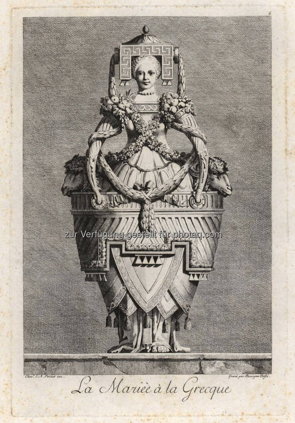 Ennemond Alexandre Petitot, Bergere &agrave; la Grecque, aus der Serie Mascarade &agrave; la Grecque, Parma, 1777, Radierung : MAK zeigt Mode-Utopien. Haute Couture in der Grafik : Fotocredit: MAK