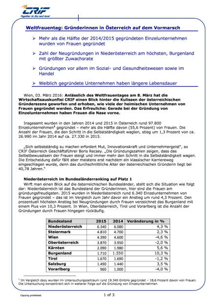 Presseaussendung CRIF: Weltfrauentag: Gründerinnen in Österreich auf dem Vormarsch, Seite 1/3, komplettes Dokument unter http://boerse-social.com/static/uploads/file_730_presseaussendung_crif_weltfrauentag_grunderinnen_in_osterreich_auf_dem_vormarsch.pdf (03.03.2016) 