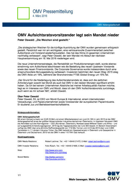 OMV Aufsichtsratsvorsitzender legt sein Mandat nieder, Seite 1/1, komplettes Dokument unter http://boerse-social.com/static/uploads/file_731_omv_aufsichtsratsvorsitzender_legt_sein_mandat_nieder.pdf (04.03.2016) 