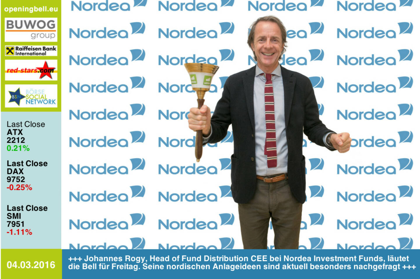 #openingbell am 4.3: Johannes Rogy, Head of Fund Distribution CEE bei Nordea Investment Funds,  läutet die Opening Bell für Freitag. Seine nordischen Anlageideen sind aktuell besonders nachgefragt http://www.nordea.at http://www.openingbell.eu