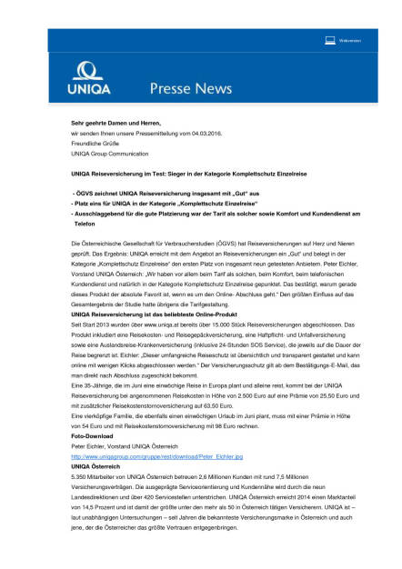 UNIQA Reiseversicherung im Test: Sieger in der Kategorie Komplettschutz Einzelreise, Seite 1/2, komplettes Dokument unter http://boerse-social.com/static/uploads/file_733_uniqa_reiseversicherung_im_test_sieger_in_der_kategorie_komplettschutz_einzelreise.pdf (04.03.2016) 