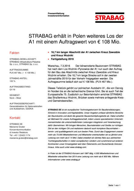 Strabag erhält in Polen weiteres Los der A1 mit einem Auftragswert von € 108 Mio., Seite 1/1, komplettes Dokument unter http://boerse-social.com/static/uploads/file_737_strabag_erhalt_in_polen_weiteres_los_der_a1_mit_einem_auftragswert_von_108_mio.pdf (07.03.2016) 