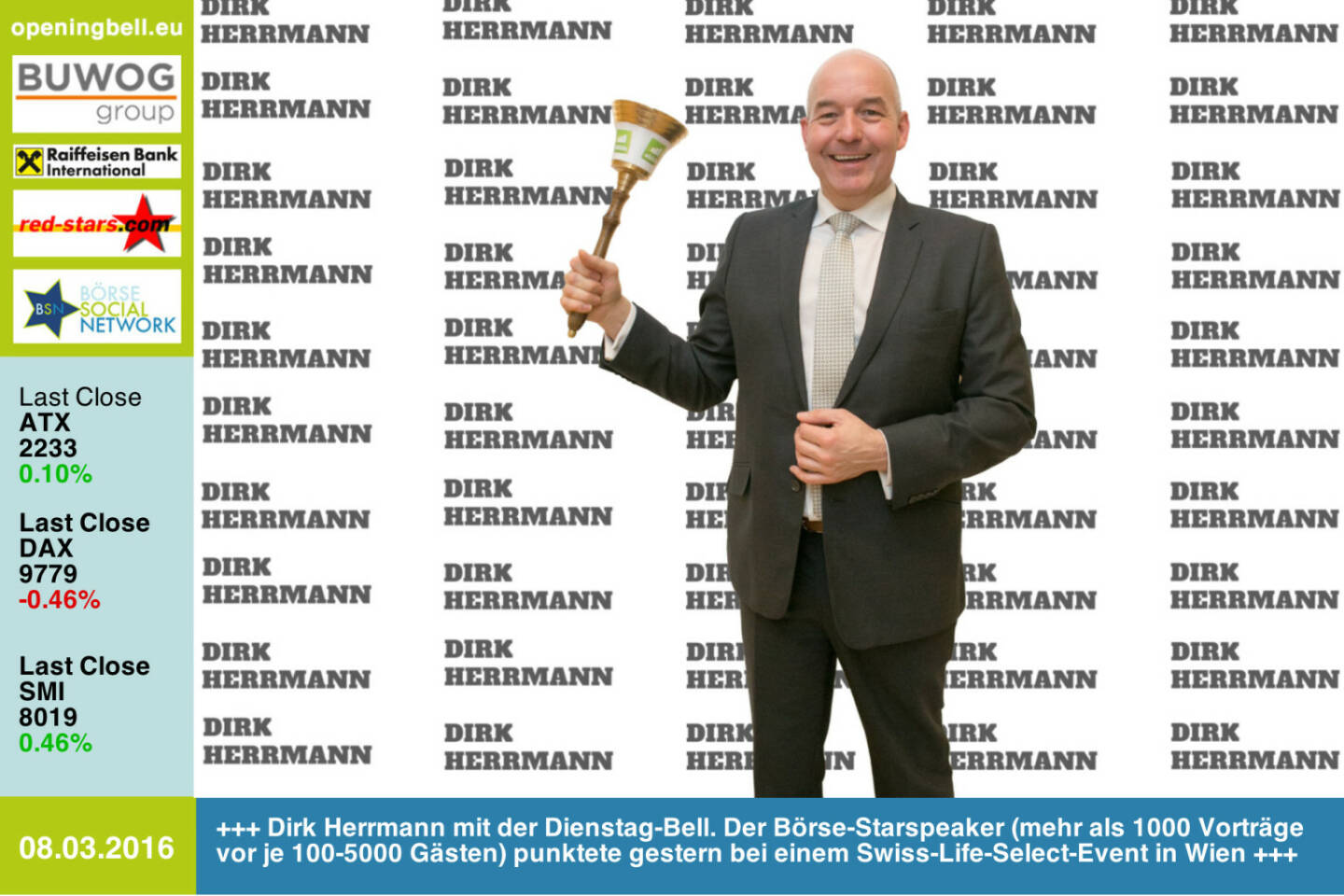 #openingbell am 8.3: Dirk Herrmann mit der Opening Bell für Dienstag. Der Börse-Starspeaker (mehr als 1000 Vorträge vor je 100-5000 Gästen) punktete gestern bei einem Swiss-Life-Select-Event in Wien http://www.openingbell.eu