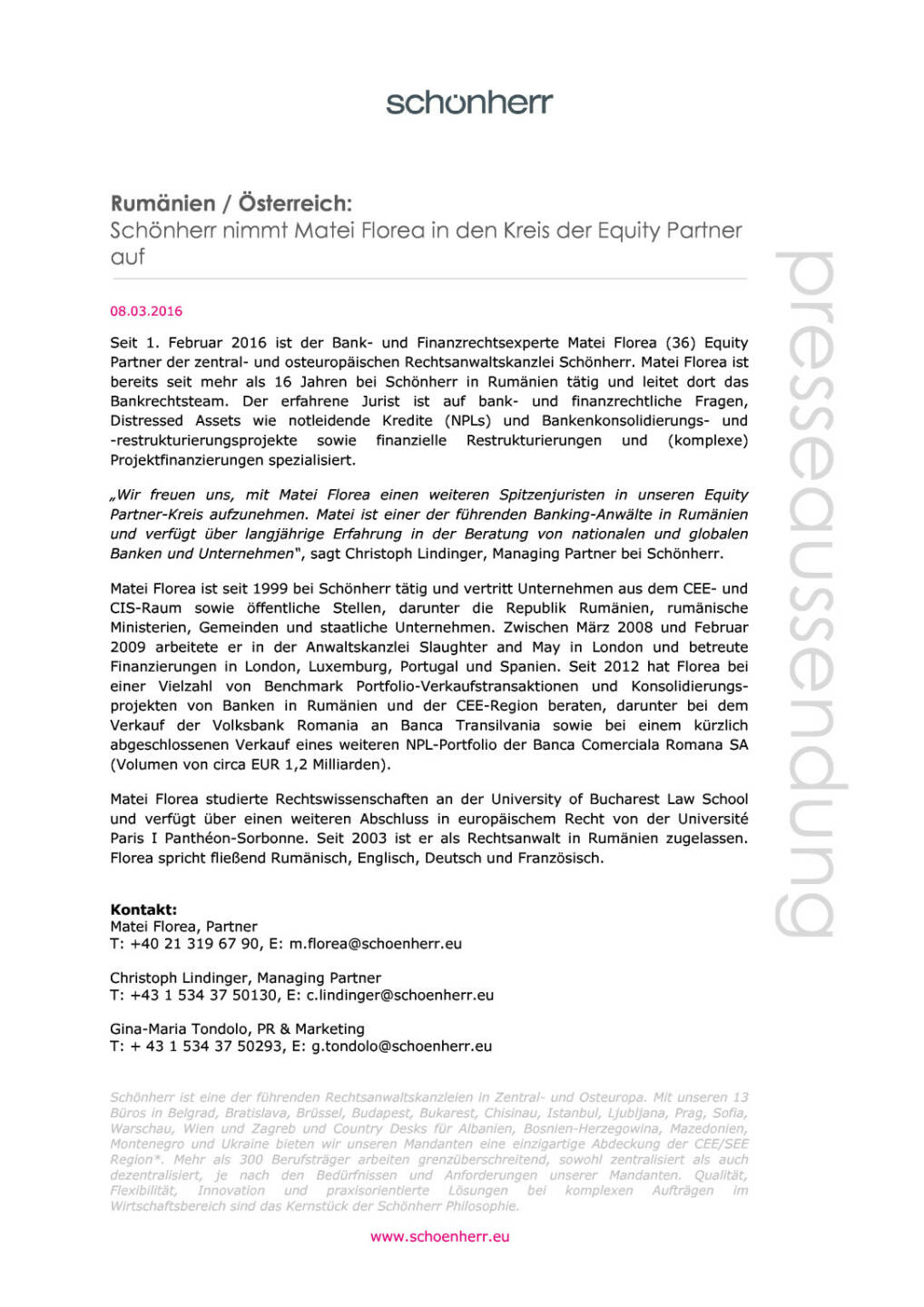 Schönherr nimmt Matei Florea in den Kreis der Equity Partner auf, Seite 1/2, komplettes Dokument unter http://boerse-social.com/static/uploads/file_748_schonherr_nimmt_matei_florea_in_den_kreis_der_equity_partner_auf.pdf