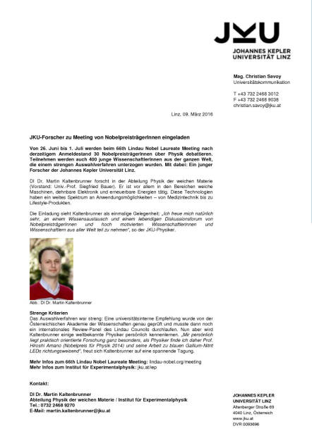 JKU-Forscher zu Meeting von NobelpreisträgerInnen eingeladen, Seite 1/1, komplettes Dokument unter http://boerse-social.com/static/uploads/file_751_jku-forscher_zu_meeting_von_nobelpreistragerinnen_eingeladen.pdf (09.03.2016) 