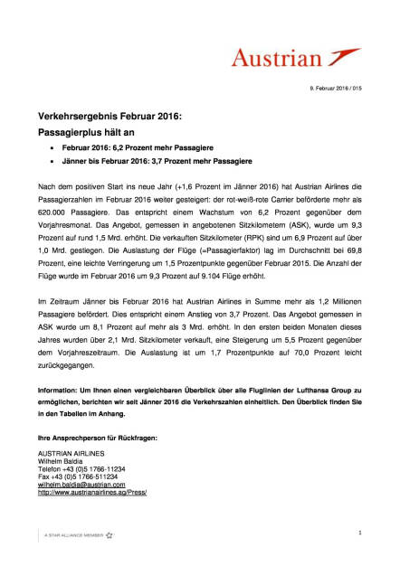 Austrian Airlines: Verkehrsergebnis Februar 2016:  Passagierplus hält an, Seite 1/3, komplettes Dokument unter http://boerse-social.com/static/uploads/file_755_austrian_airlines_verkehrsergebnis_februar_2016_passagierplus_halt_an.pdf (09.03.2016) 