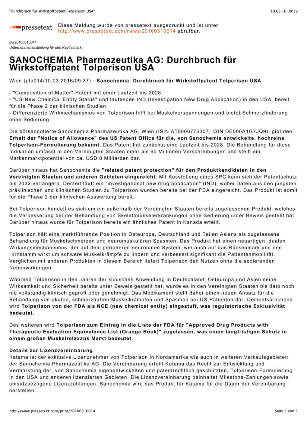 Sanochemia: Durchbruch für Wirkstoffpatent Tolperison USA, Seite 1/2, komplettes Dokument unter http://boerse-social.com/static/uploads/file_761_sanochemia_durchbruch_fur_wirkstoffpatent_tolperison_usa.pdf