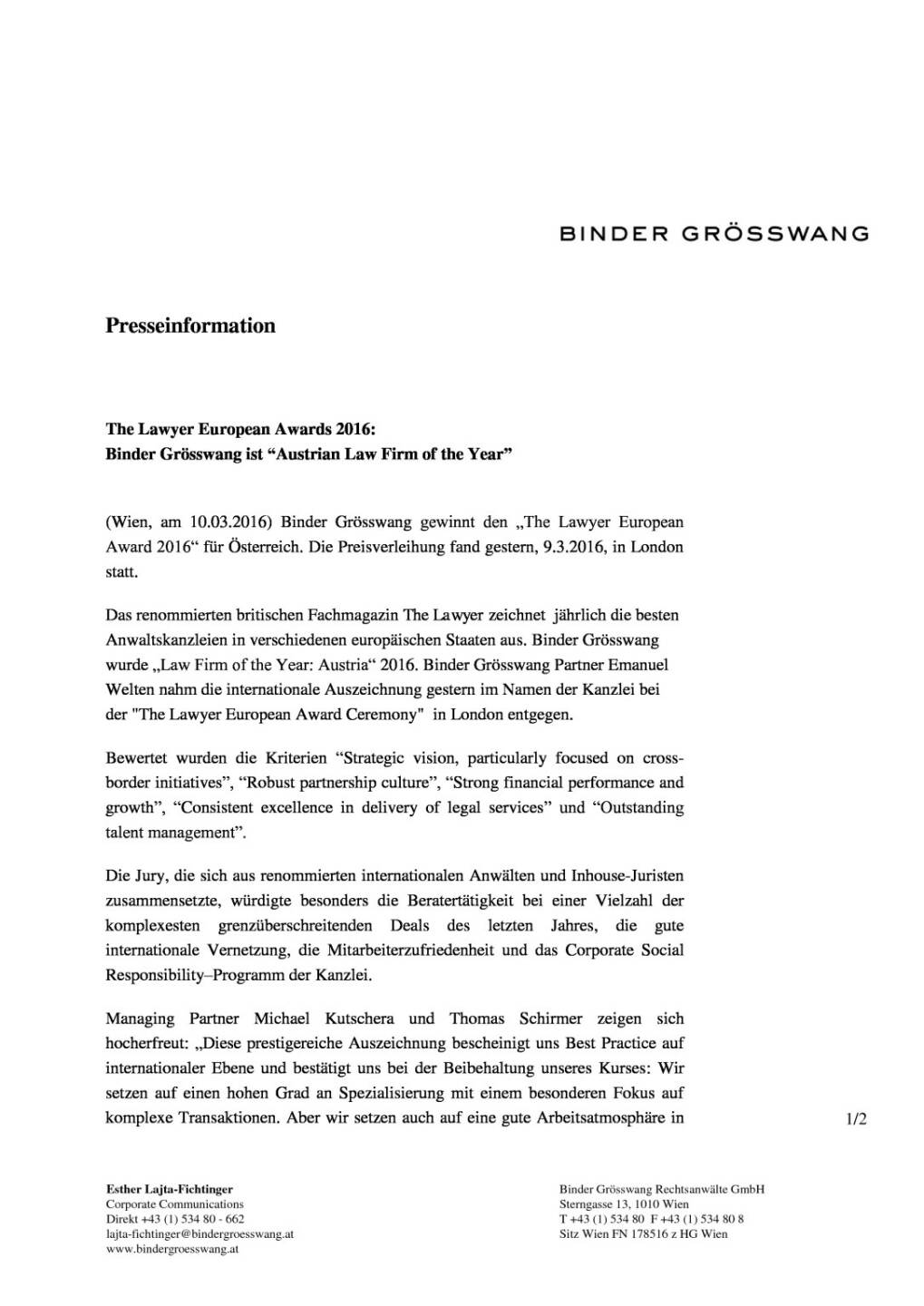 Binder Grösswang: The Lawyer European Awards 2016: Binder Grösswang ist “Austrian Law Firm of the Year”, Seite 1/2, komplettes Dokument unter http://boerse-social.com/static/uploads/file_766_binder_grosswang_the_lawyer_european_awards_2016_binder_grosswang_ist_austrian_law_firm_of_the_year.pdf