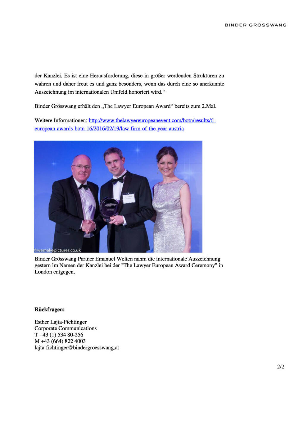 Binder Grösswang: The Lawyer European Awards 2016: Binder Grösswang ist “Austrian Law Firm of the Year”, Seite 2/2, komplettes Dokument unter http://boerse-social.com/static/uploads/file_766_binder_grosswang_the_lawyer_european_awards_2016_binder_grosswang_ist_austrian_law_firm_of_the_year.pdf