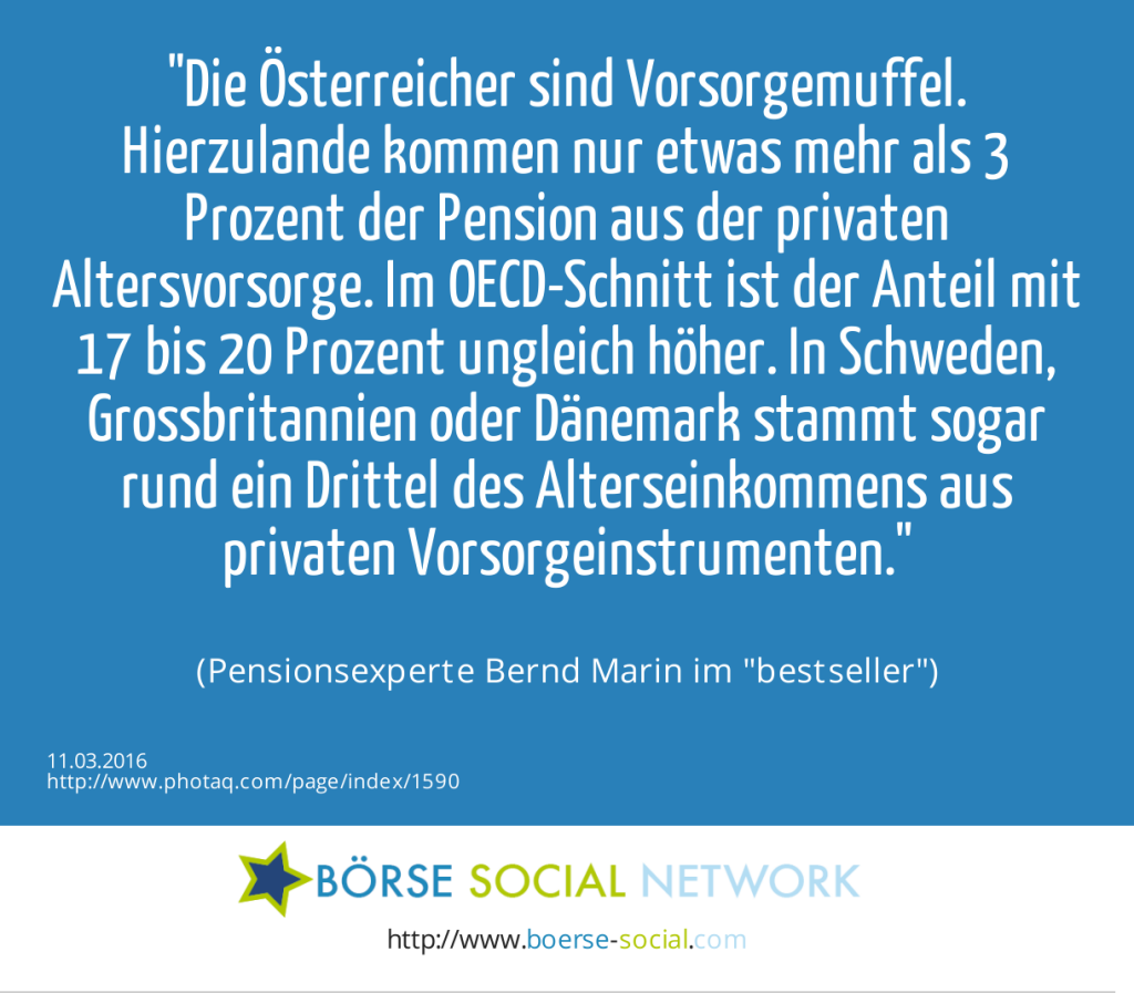 Die Österreicher sind Vorsorgemuffel. Hierzulande kommen nur etwas mehr als 3 Prozent der Pension aus der privaten Altersvorsorge. Im OECD-Schnitt ist der Anteil mit 17 bis 20 Prozent ungleich höher. In Schweden, Grossbritannien oder Dänemark stammt sogar rund ein Drittel des Alterseinkommens aus privaten Vorsorgeinstrumenten.<br><br> (Pensionsexperte Bernd Marin im bestseller) (11.03.2016) 