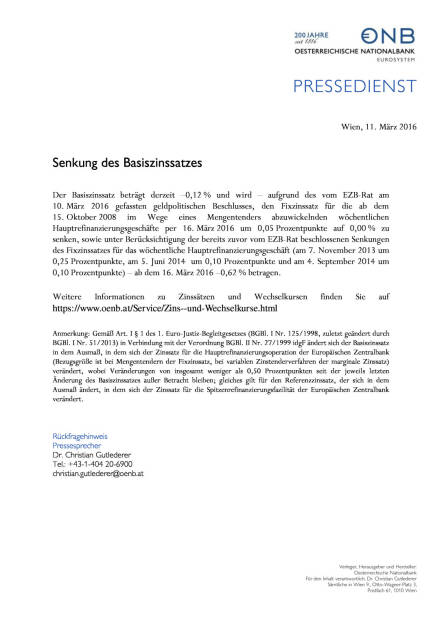 OeNB: Senkung des Basiszinssatzes, Seite 1/1, komplettes Dokument unter http://boerse-social.com/static/uploads/file_769_oenb_senkung_des_basiszinssatzes.pdf (11.03.2016) 