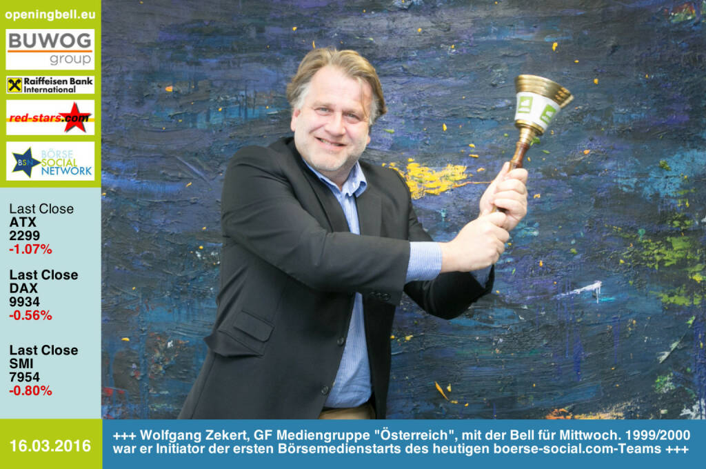 #openingbell am 16.3: Wolfgang Zekert, Geschäftsführer Mediengruppe Österreich, mit der Opening Bell für Mittwoch. 1999/2000 war er Initiator der ersten Börsemedienstarts des heutigen boerse-social.com-Teams http://www.oe24.at http://www.openingbell.eu (16.03.2016) 