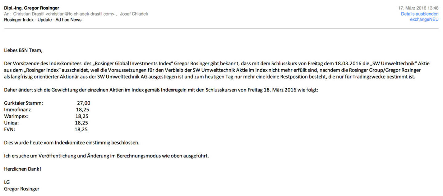 Indexevent Rosinger-Index 10: Herausnahme SW Umwelttechnik per Schlusskurs 18.3.2016, effektiv per Marktstart 21.03.2016