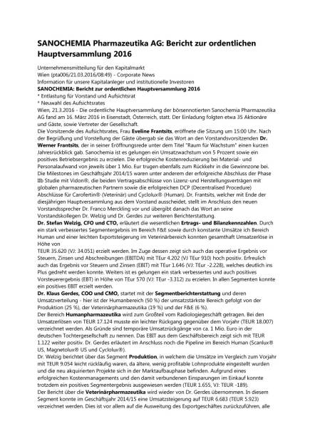 Sanochemia Pharmazeutika AG: Bericht zur ordentlichen Hauptversammlung 2016, Seite 1/2, komplettes Dokument unter http://boerse-social.com/static/uploads/file_803_sanochemia_pharmazeutika_ag_bericht_zur_ordentlichen_hauptversammlung_2016.pdf (21.03.2016) 