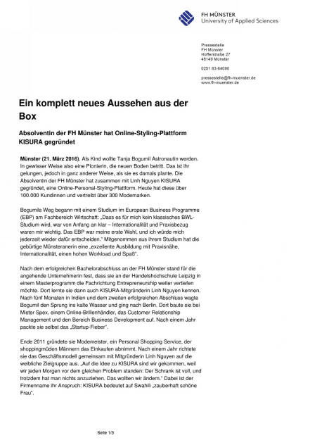 Pressestelle FH Münster: Ein komplett neues Aussehen aus der Box, Seite 1/3, komplettes Dokument unter http://boerse-social.com/static/uploads/file_805_pressestelle_fh_munster_ein_komplett_neues_aussehen_aus_der_box.pdf (21.03.2016) 